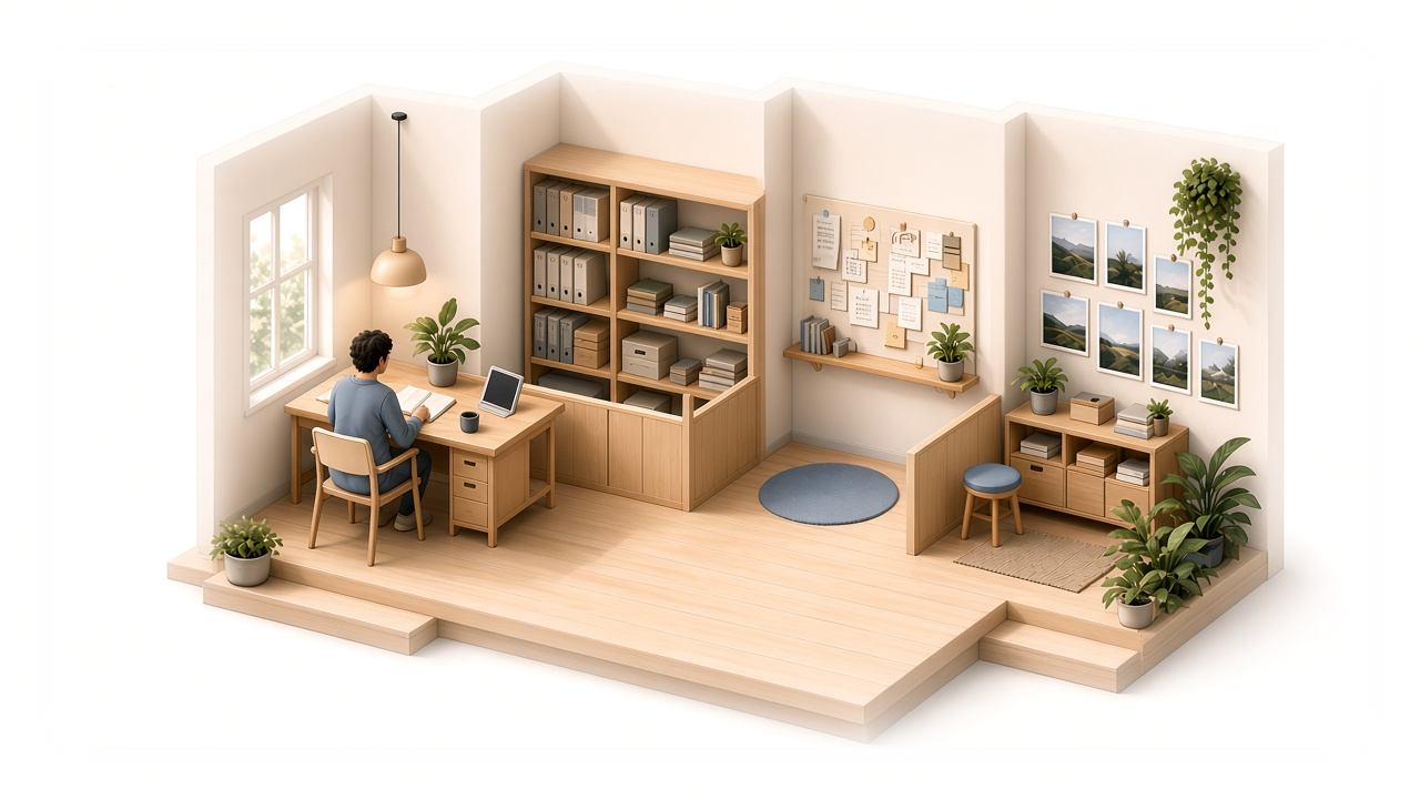 A personal workspace — desk, shelves, and photos under one roof